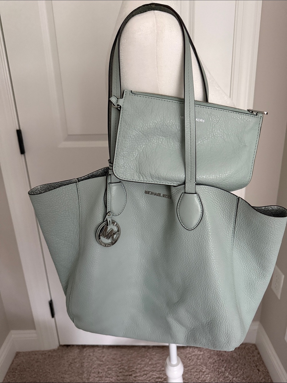 Michael Kors Mint Green Pebbled Leather Tote with Wristlet